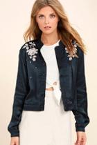 Obey Ty Navy Blue Satin Embroidered Bomber Jacket