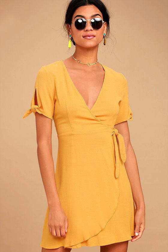 Lulus | My Philosophy Golden Yellow Wrap Dress | Size Large | 100% Rayon