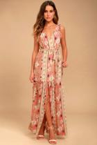 Lulus Mystical Moment Coral Pink Print Maxi Dress