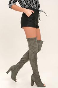 Wild Diva Lounge Aletha Dark Grey Suede Peep-toe Thigh High Boots