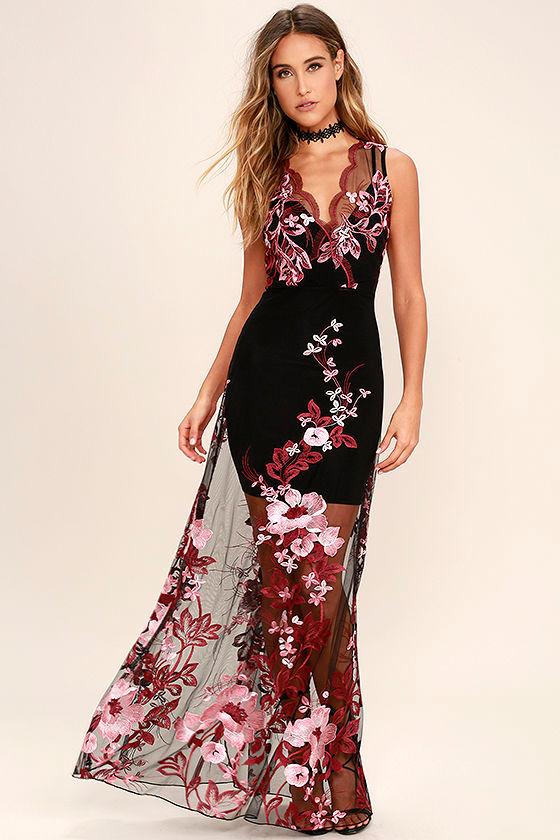 Lulus | Work The Bloom Wine Red And Black Embroidered Maxi Dress | Size X-small | 100% Polyester
