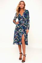 Farrar Black Floral Print Long Sleeve Wrap Midi Dress | Lulus