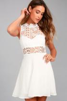 Lulus | Elora White Lace Skater Dress | Size Large | 100% Polyester
