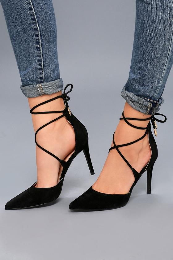 Lulus | Marie Black Suede Lace-up Heels