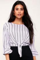 Lush Tied For First Periwinkle Striped Tie-front Flounce Sleeve Top | Lulus