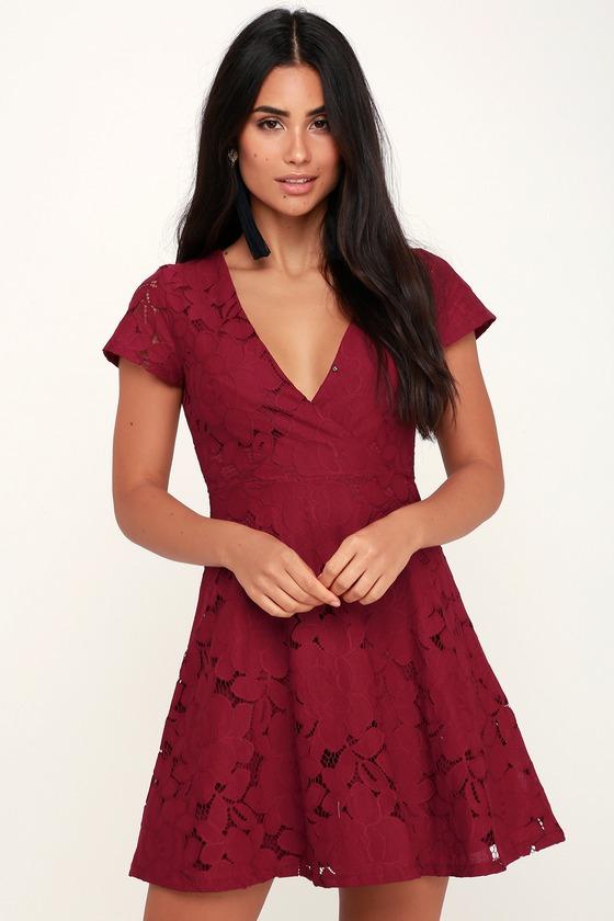 Black Swan Tia Wine Red Lace Skater Dress | Lulus