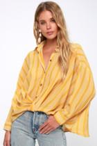 Wendell Mustard Yellow Striped Twisted High-low Button-up Top | Lulus