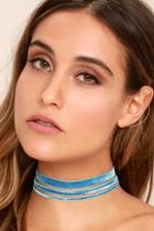 Lulus Strong Enough Teal Blue Velvet Choker Necklace Set