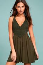 Lulus Delightfully Ethereal Olive Green Lace Skater Dress