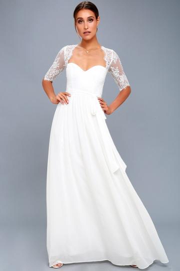 Lulus | In A Fairy Tale White Lace Maxi Dress | Size Medium | 100% Polyester