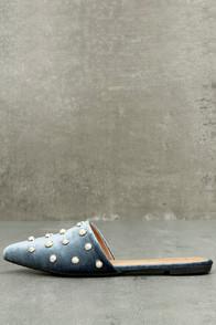 Yoki Vivika Blue Velvet Pearl Pointed Toe Mules