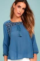 Lulus | Harmony Hues Blue Embroidered Long Sleeve Top | Size Large | 100% Rayon