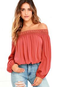 Lulus Festival Day Terra Cotta Lace Off-the-shoulder Crop Top
