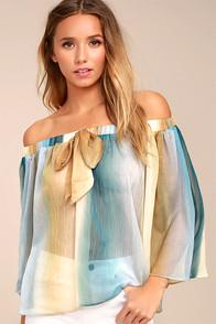 Blush Noir Night In Paradise Blue And Yellow Striped Off-the-shoulder Top