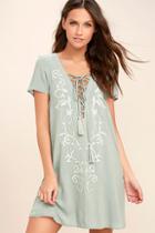 Lulus Down In Kokomo Dusty Sage Embroidered Lace-up Dress