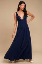 Lulus | True Bliss Navy Blue Maxi Dress | Size Large | 100% Polyester