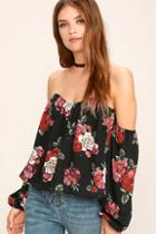 Lulus In Your Arms Black Floral Print Off-the-shoulder Top