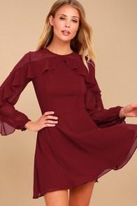 Lulus Longtime Love Burgundy Long Sleeve Skater Dress