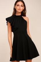 Lulus | Chic Goals Black One-shoulder Skater Dress | Size Medium | 100% Polyester