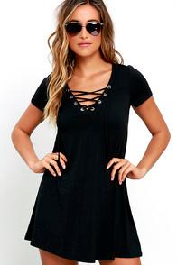 Lulus Wonderland Black Lace-up Swing Dress