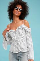 Lush Trentino Black And White Striped Off-the-shoulder Button-up Top | Lulus