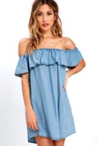Signature 8 Standout Style Light Blue Chambray Off-the-shoulder Dress