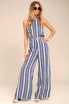 Lulus Oceanside Blue And White Striped Halter Jumpsuit