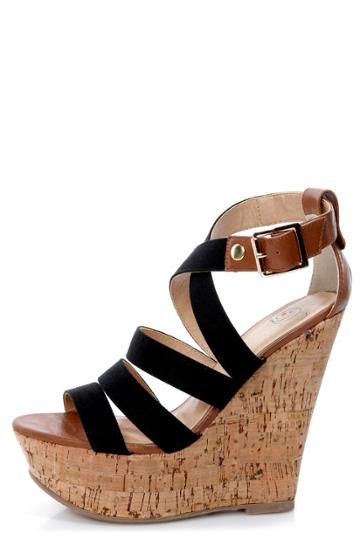 My Delicious Clean Black And Tan Cotton Strappy Wedge Sandals