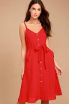 Lulus | Free And Pier Red Belted Dress | Size Large | 100% Cotton