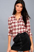 Billabong Venture Out Rust Red Plaid Flannel Button-up Top