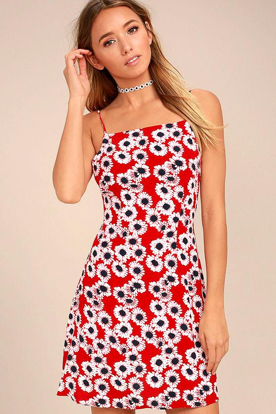 Rollas | Bridget Red Floral Print Mini Dress | Size Large | Lulus