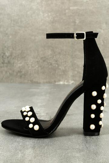 Shoe Republic La | Lenore Black Nubuck Pearl Ankle Strap Heels | Size 10 | Vegan Friendly | Lulus
