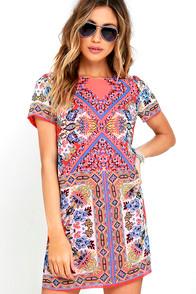 Lulus Sangria Coral Pink Tile Print Shift Dress