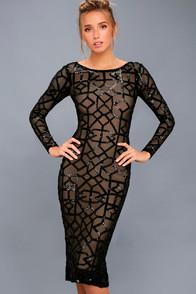 Dress The Population Mila Black Sequin Long Sleeve Midi Dress