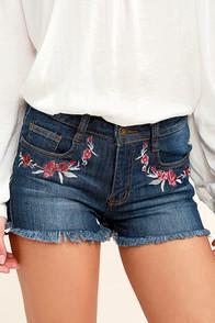 Machine Jeans Rustic Charm Medium Wash Embroidered Denim Shorts