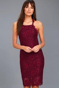 Lulus Wishful Wanderings Burgundy Lace Bodycon Midi Dress