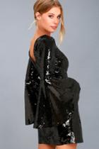 Lulus | Beaming Belle Black Sequin Bell Sleeve Dress | Size Large | 100% Polyester