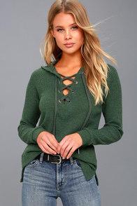 Z Supply Harvest Washed Green Hooded Lace-up Thermal Top