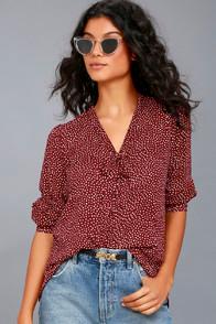 Lulus On The Spot Burgundy Polka Dot Button-up Top