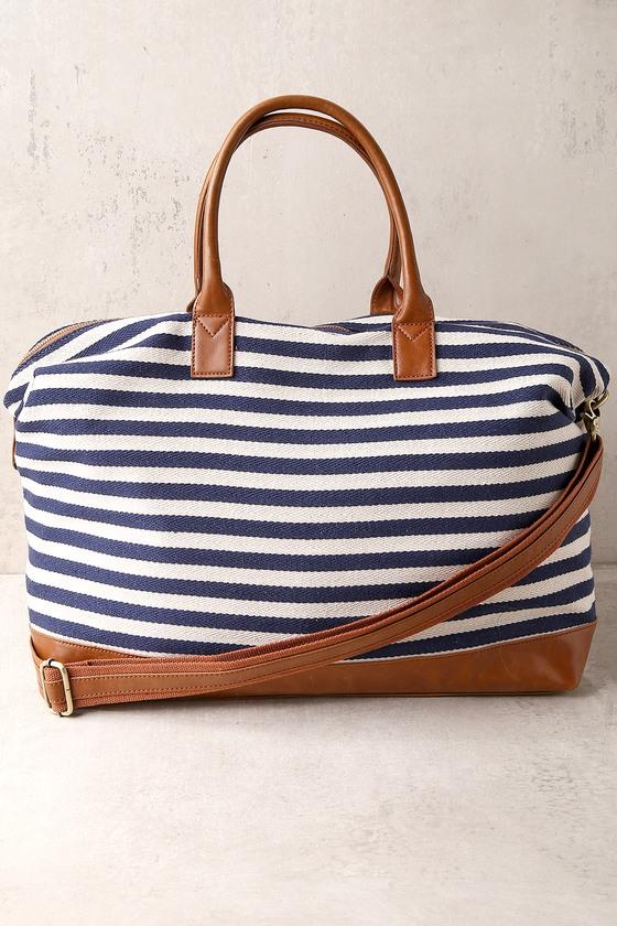 Lulus | Jet Setter Cream And Navy Blue Striped Weekender Bag | Vegan Friendly