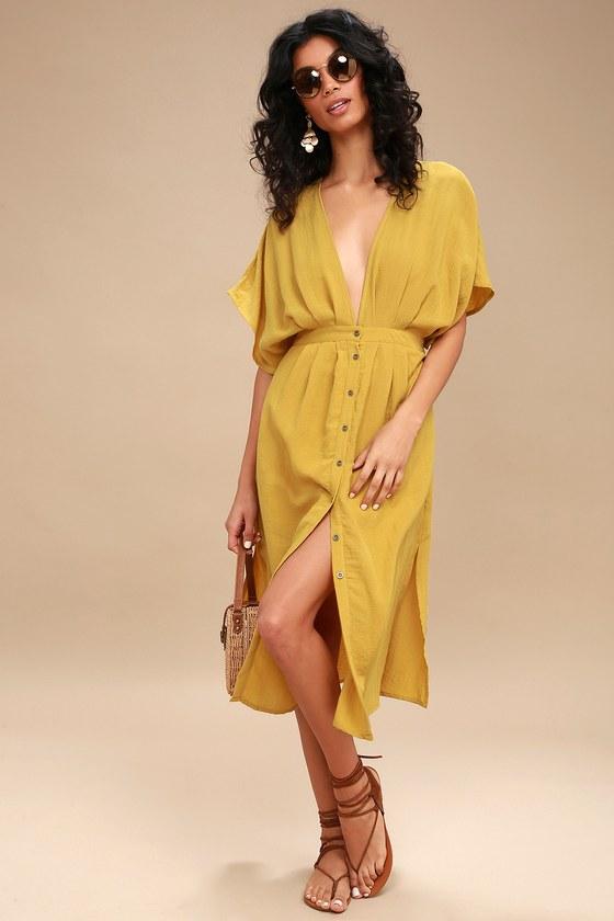 Lost + Wander Poppy Mustard Yellow Button-up Midi Dress | Lulus