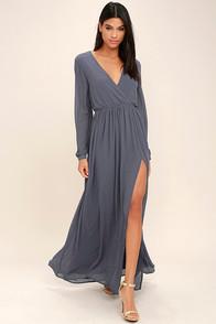 Lulus Wondrous Water Lilies Slate Grey Long Sleeve Maxi Dress