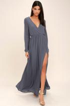 Lulus Wondrous Water Lilies Slate Grey Long Sleeve Maxi Dress