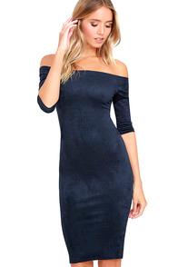 Lulus Still The One Navy Blue Suede Off-the-shoulder Dress