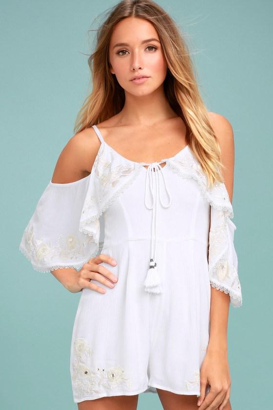 Rahi Cali | Dreamer White Embroidered Off-the-shoulder Romper | Size Large | 100% Cotton | Lulus