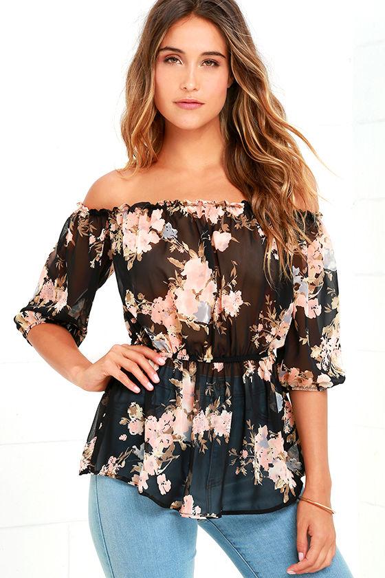 Rokoko | Floral It's Worth Black Floral Print Off-the-shoulder Top | Size Small | 100% Polyester | Lulus