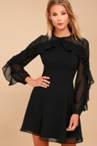 Lulus | Longtime Love Black Long Sleeve Skater Dress | Size Large | 100% Polyester