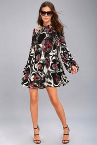 Free People Drift Away Black Print Cold Shoulder Tunic Top