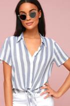 Portofino Coast Navy Blue Striped Button-up Tie-front Top | Lulus