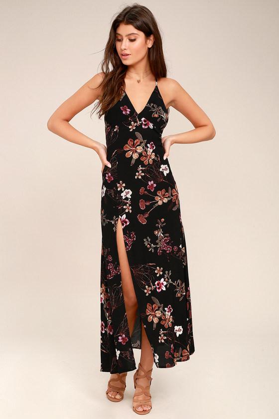 Lulus | Sugar Land Black Floral Print Maxi Dress | Size Large | 100% Rayon